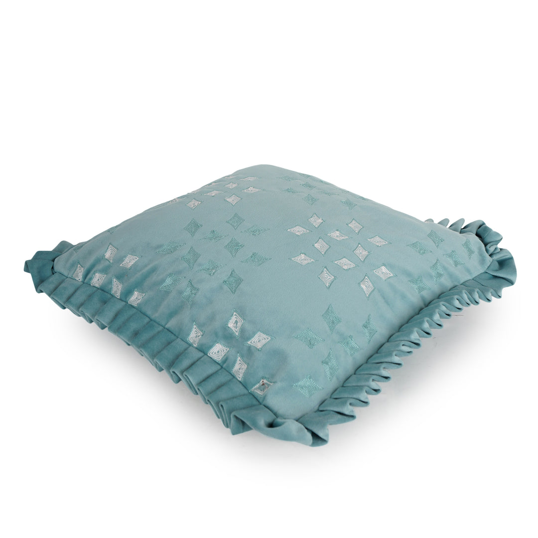 Azure Geometric Velvet Embroidered Cushion Cover (16 inch x 16 inch)