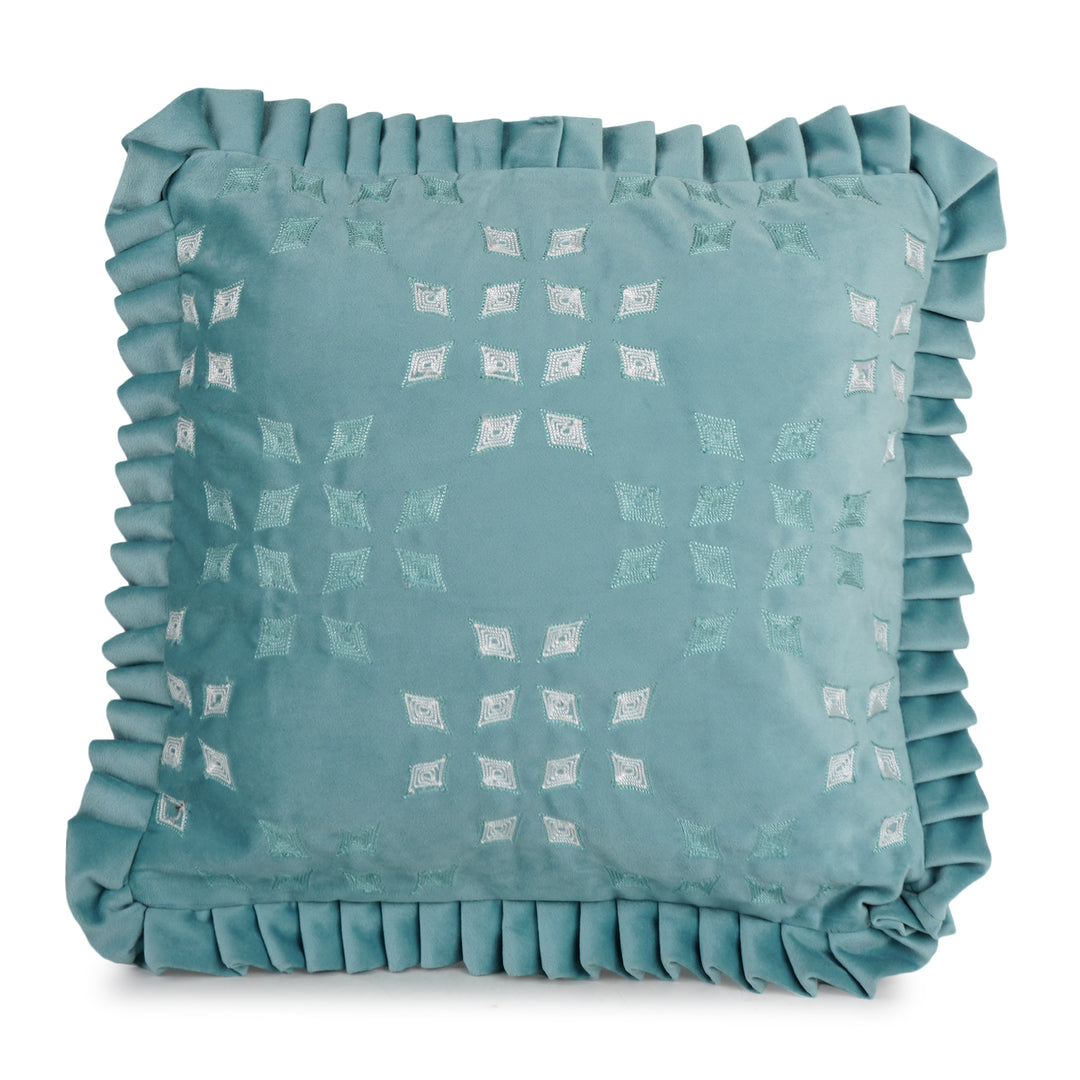 Azure Geometric Velvet Embroidered Cushion Cover (16 inch x 16 inch)