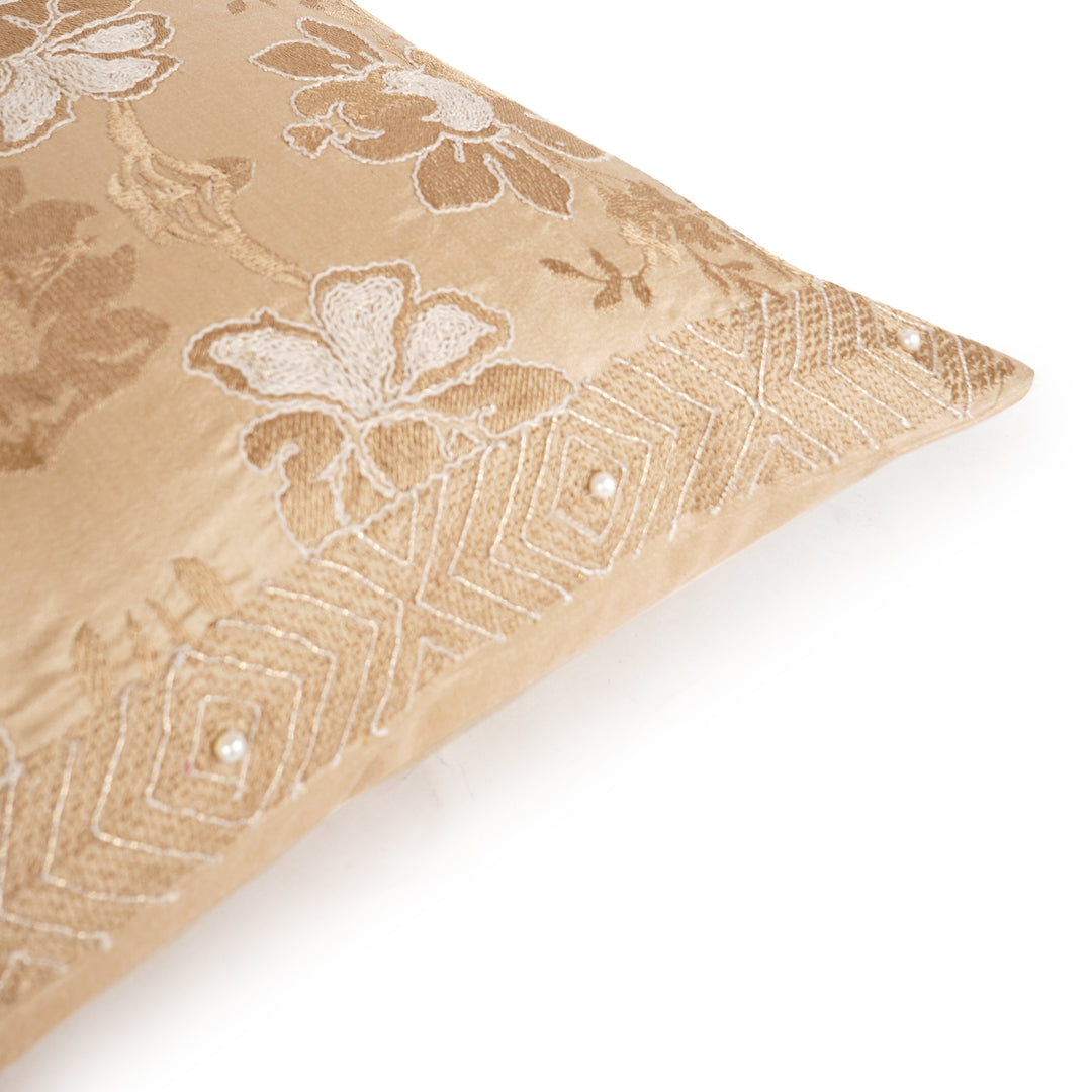 Beigia Pearl Velvet Embroidered Cushion Cover (16 inch x 16 inch)