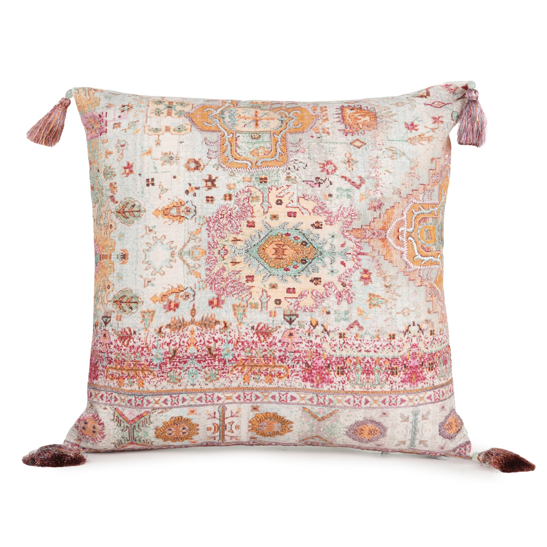 Ikat Serenity Chanderi Embroidered Cushion Cover (16 inch x 16 inch)