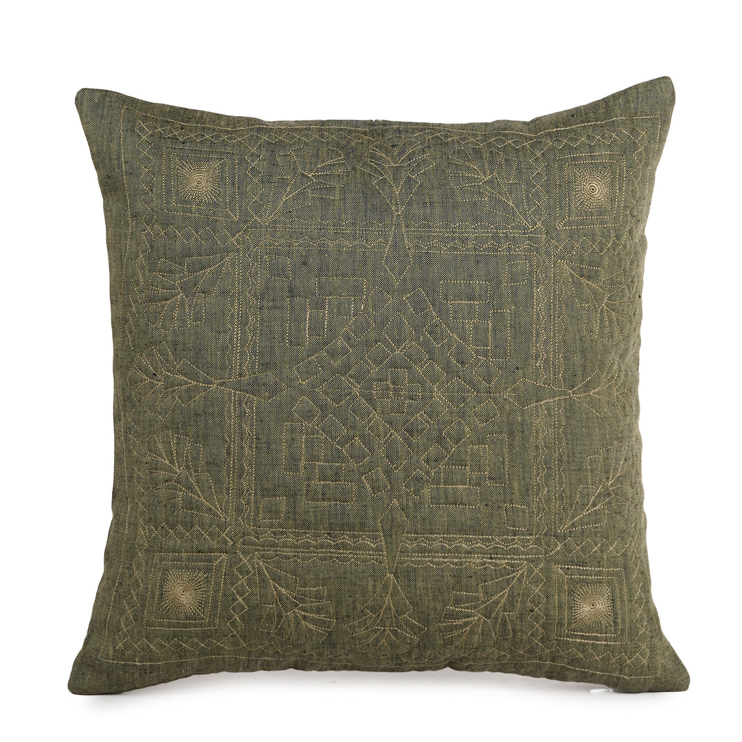 Olive Glade Quilted Embroidered Cushion Cover (16 inch x 16 inch)