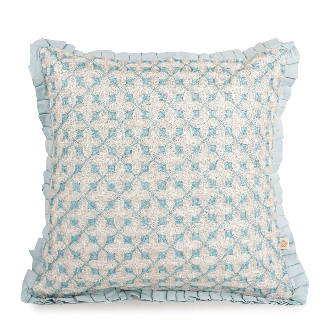 Light Teal Velvet Embroidered Dori Cushion Cover (16 inch x 16 inch)