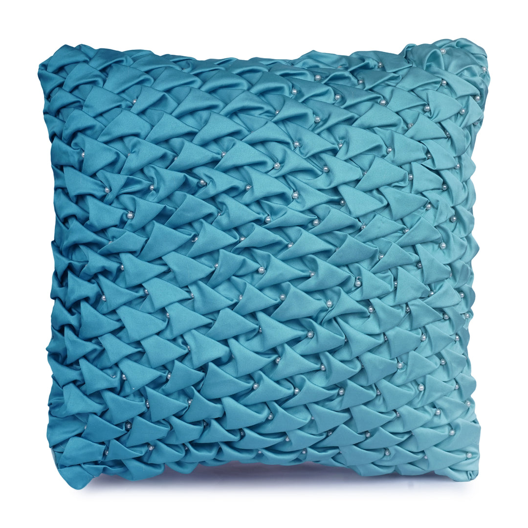 Teal Meridian Wave Embroidered Cushion Cover (16 inch x 16 inch)