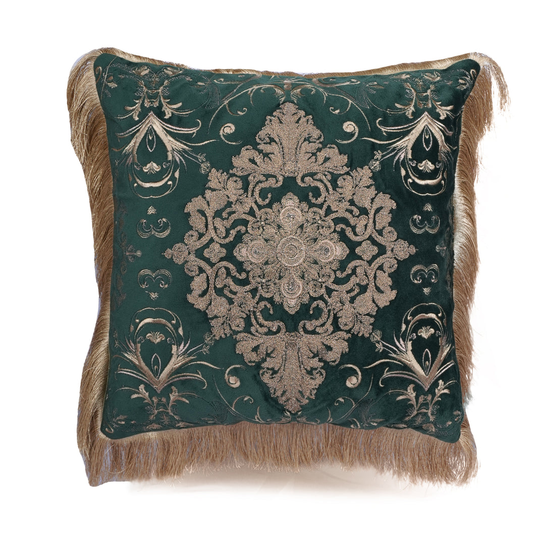 Flakegold Emerald Velvet Embroidered Cushion Cover (16 inch x 16 inch)