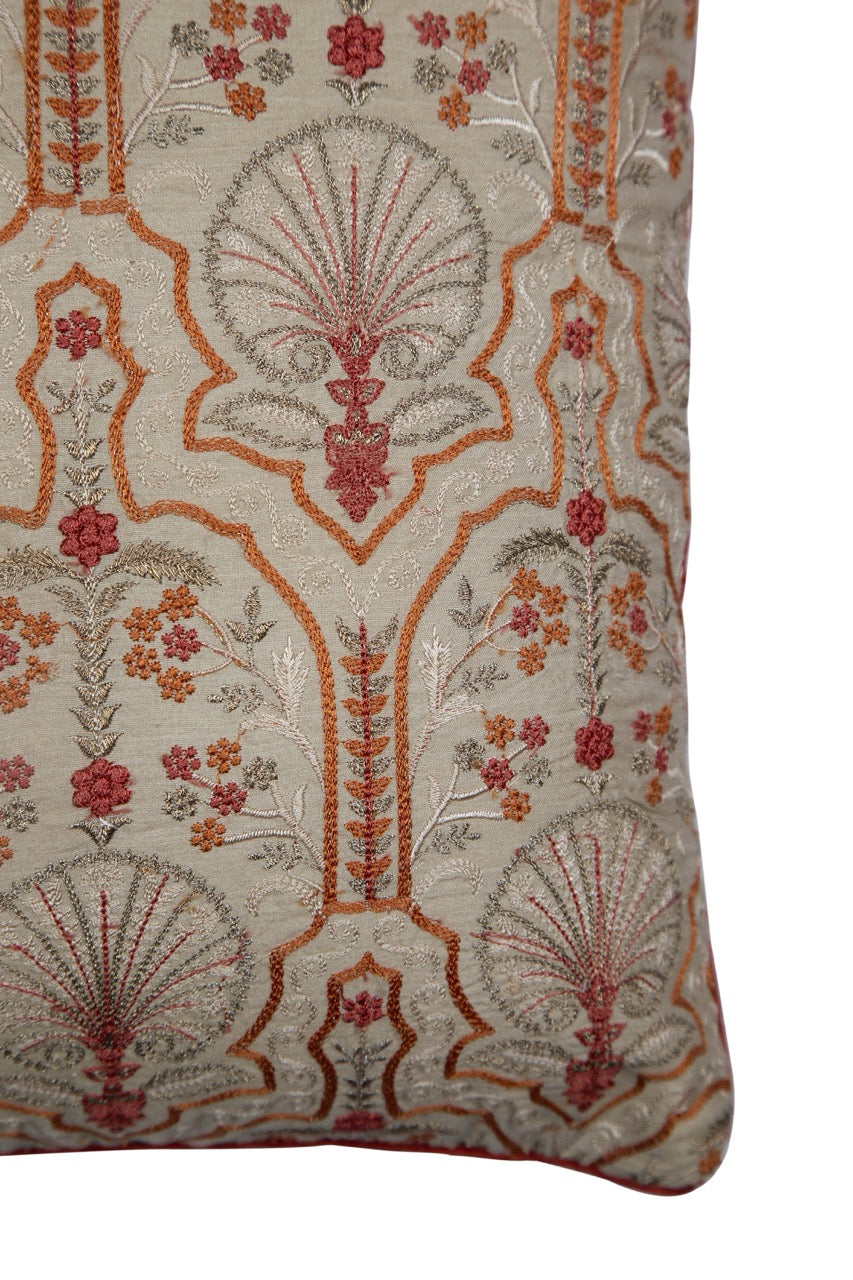 Silkroute Beige Mediterranean Floral Embroidered Cushion Cover