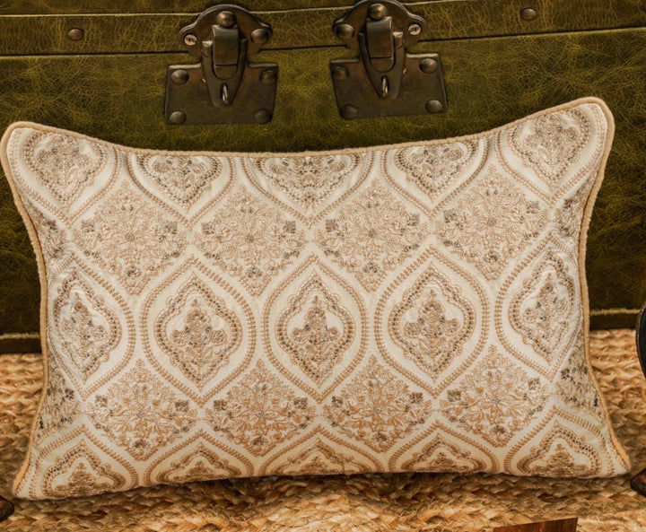 Tehzeeb Beige Chanderi Silk Embroidered Cushion Cover