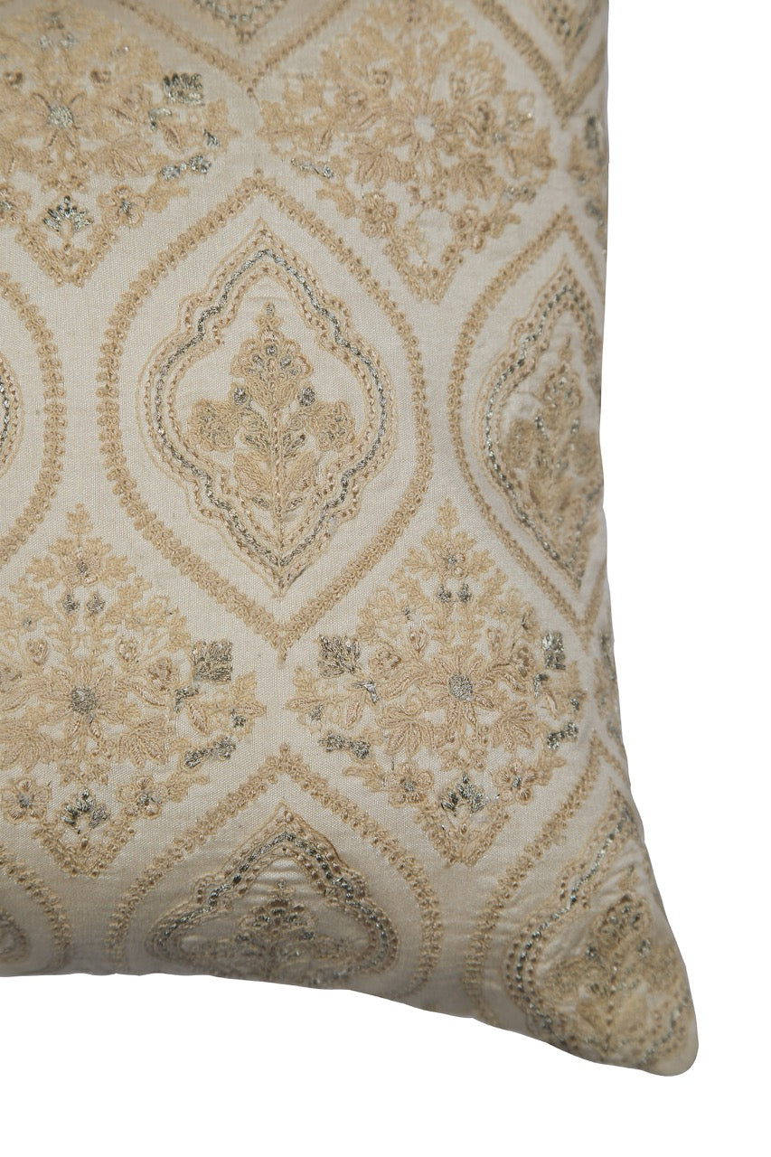 Tehzeeb Beige Chanderi Silk Embroidered Cushion Cover