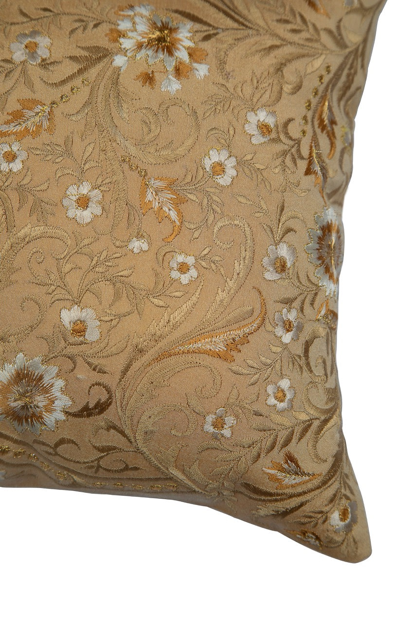 Tehzeeb Gold Floral Embroidered Chanderi Silk Cushion Cover