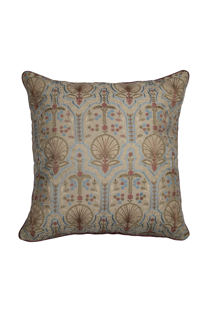 Silkroute Natural Brown Mediterranean Floral Embroidered Cushion Cover