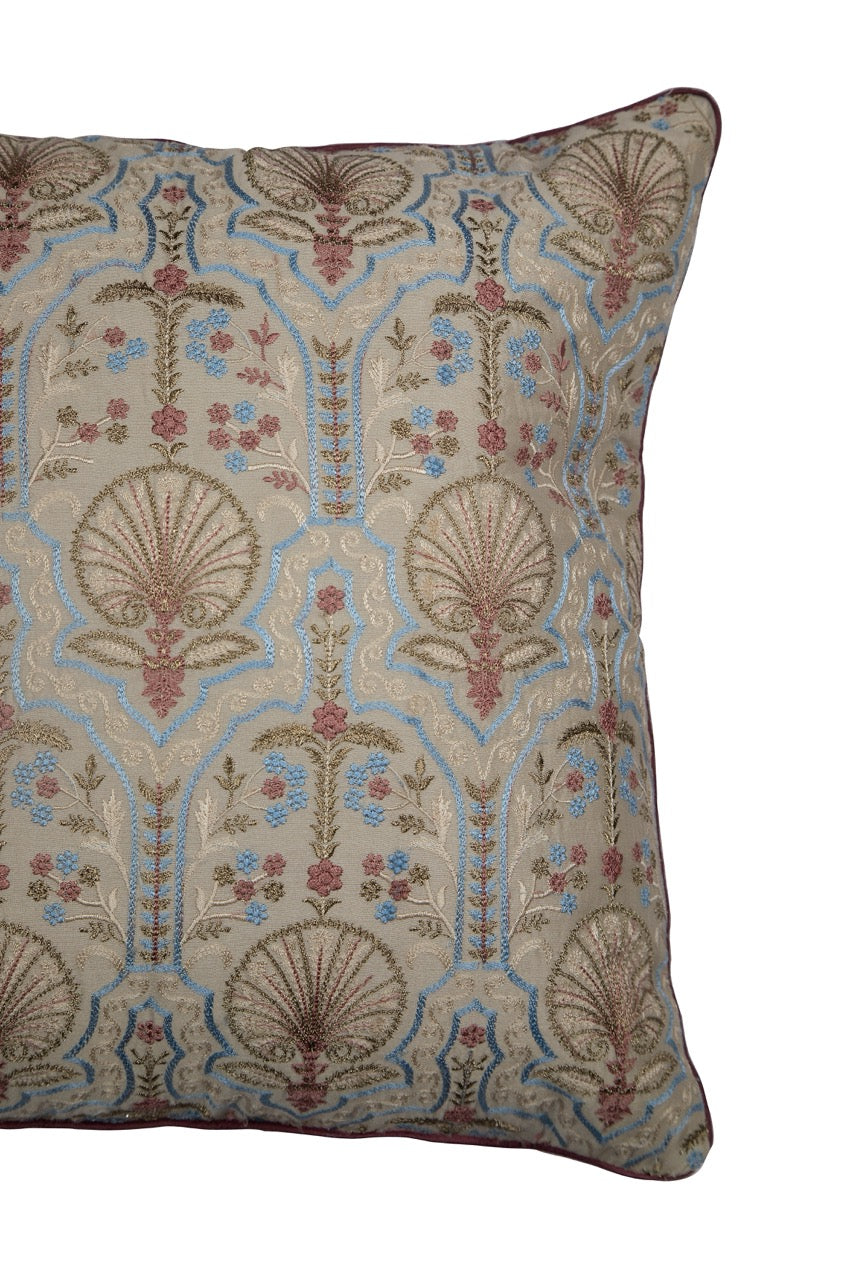 Silkroute Natural Brown Mediterranean Floral Embroidered Cushion Cover