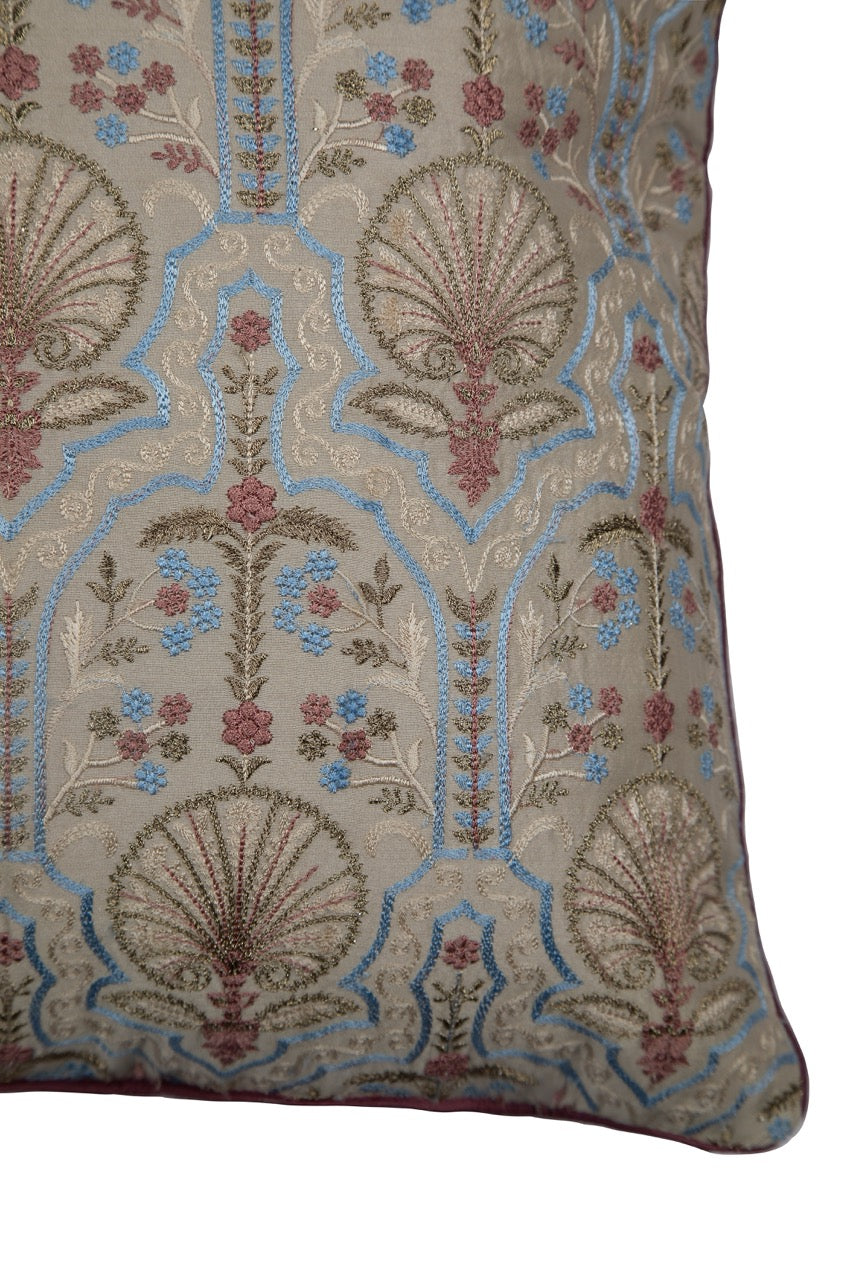 Silkroute Natural Brown Mediterranean Floral Embroidered Cushion Cover