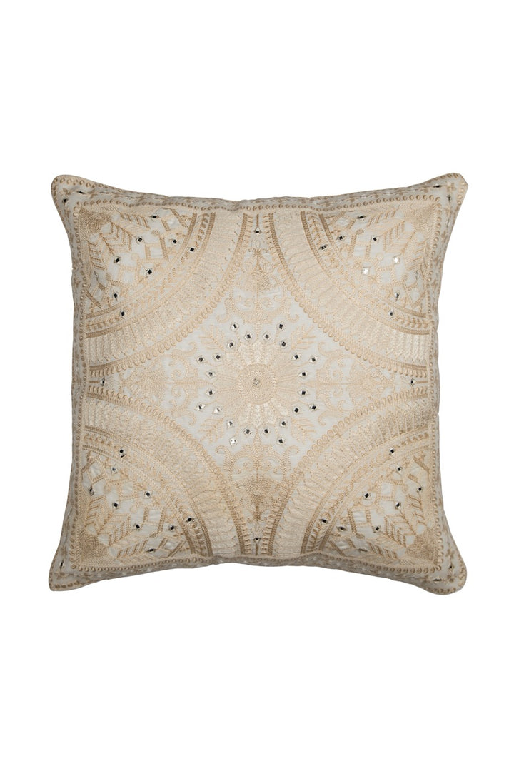 Banjara Ivory Ornamental Mirror Embroidery Cotton Linen Cushion Cover