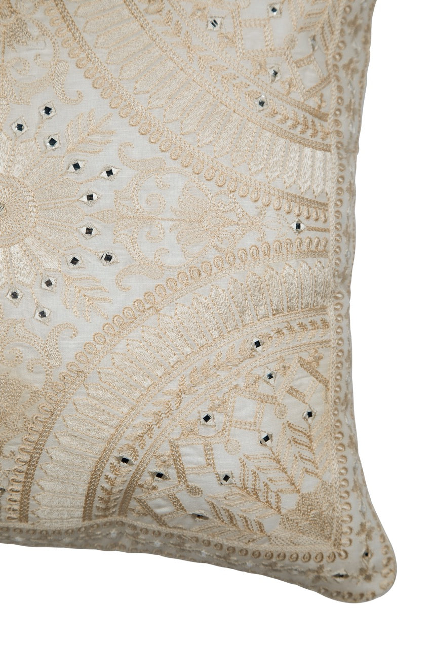 Banjara Ivory Ornamental Mirror Embroidery Cotton Linen Cushion Cover