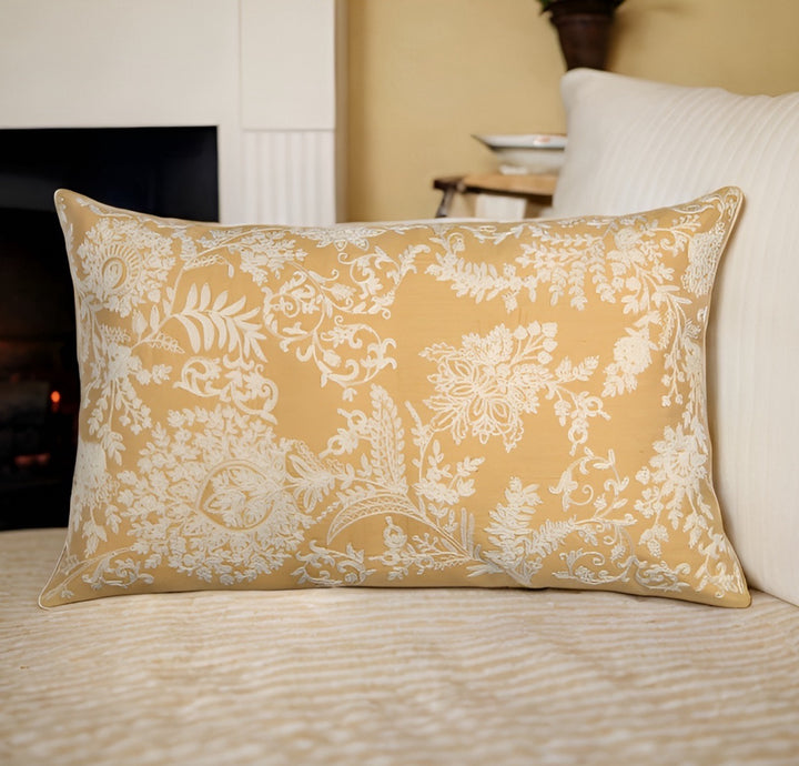 Banjara Chanderi Silk Cream Floral Embroidered Cushion Cover