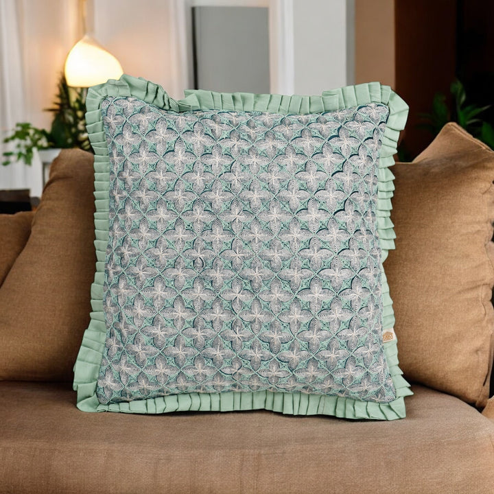 Teal Velvet Embroidered Dori Cushion Cover (16 inch x 16 inch)