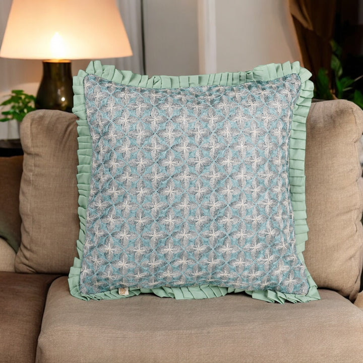 Teal Velvet Embroidered Dori Cushion Cover (16 inch x 16 inch)