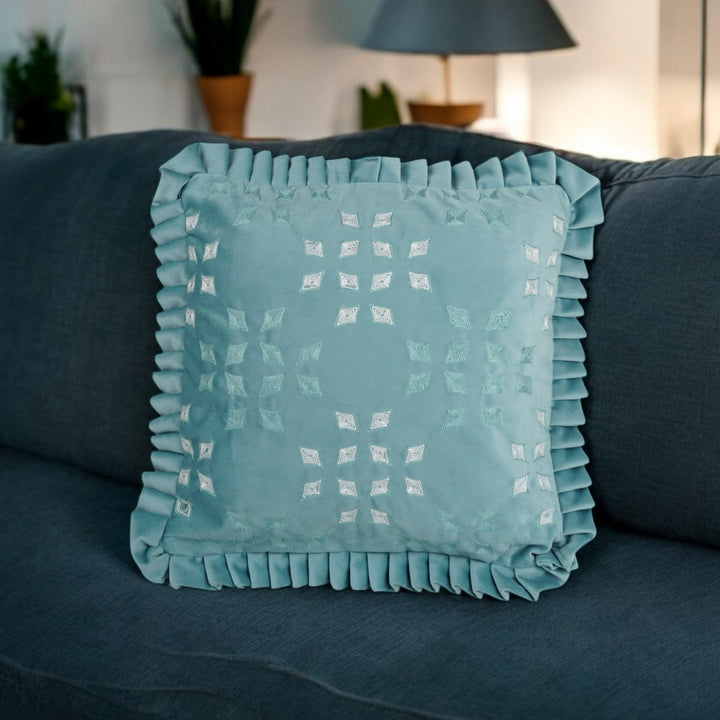 Azure Geometric Velvet Embroidered Cushion Cover (16 inch x 16 inch)