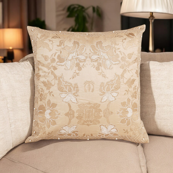 Beigia Pearl Velvet Embroidered Cushion Cover (16 inch x 16 inch)