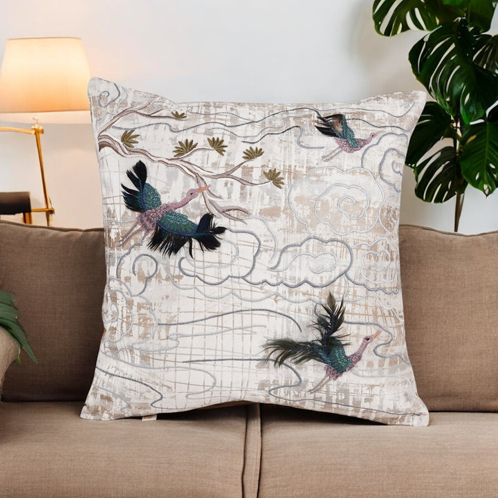 Celeste Feather Embroidered Cushion Cover (16 inch x 16 inch)