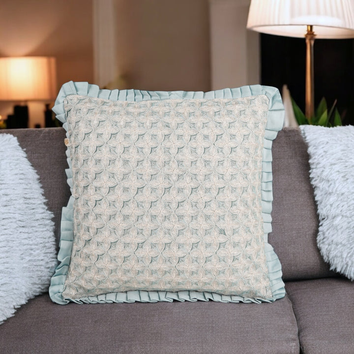 Light Teal Velvet Embroidered Dori Cushion Cover (16 inch x 16 inch)