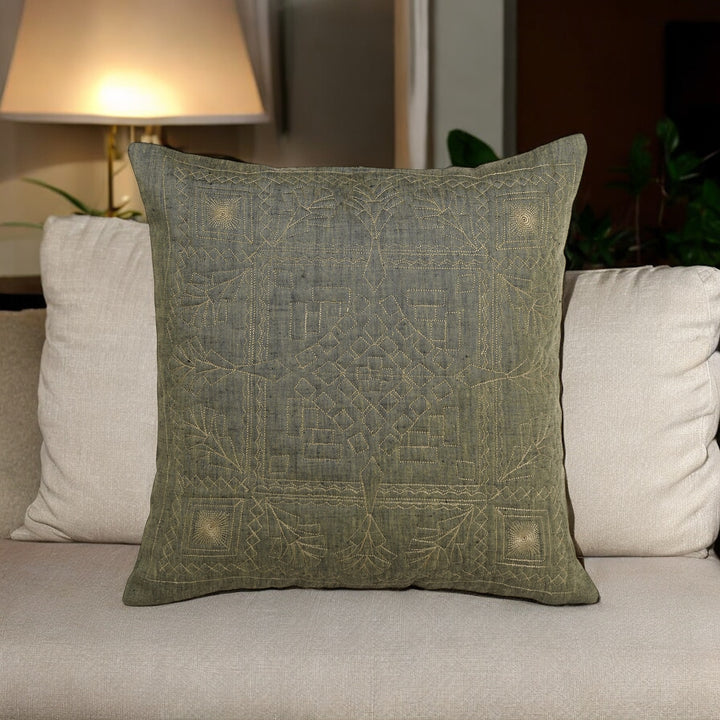 Olive Glade Quilted Embroidered Cushion Cover (16 inch x 16 inch)