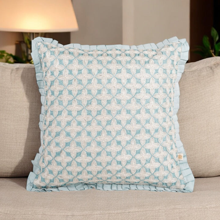 Light Teal Velvet Embroidered Dori Cushion Cover (16 inch x 16 inch)