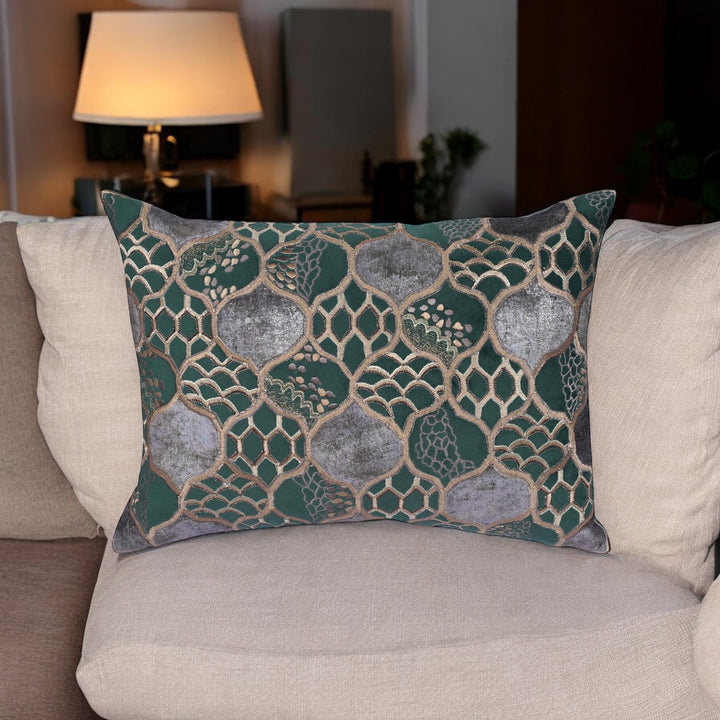 Flakegold Emerald Velvet Embroidered Cushion Cover (12 inch x 18 inch)