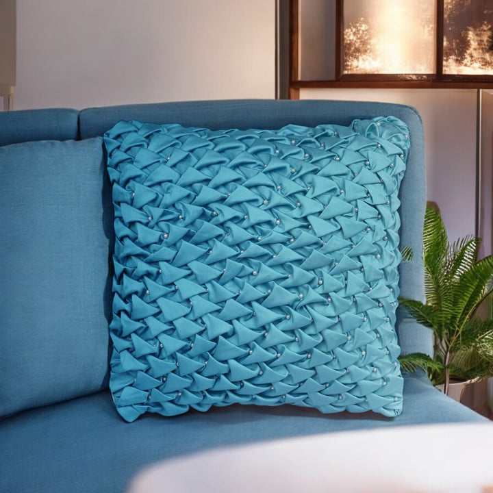 Teal Meridian Wave Embroidered Cushion Cover (16 inch x 16 inch)