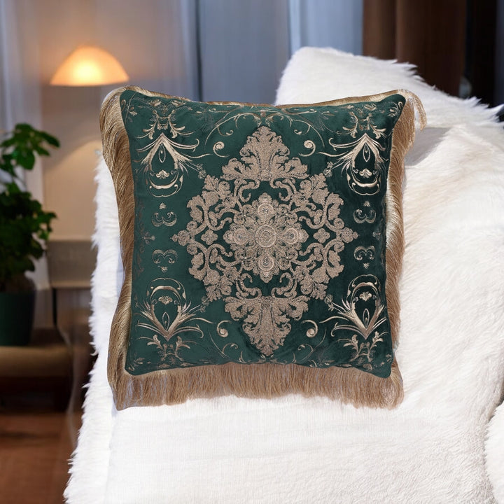 Flakegold Emerald Velvet Embroidered Cushion Cover (16 inch x 16 inch)