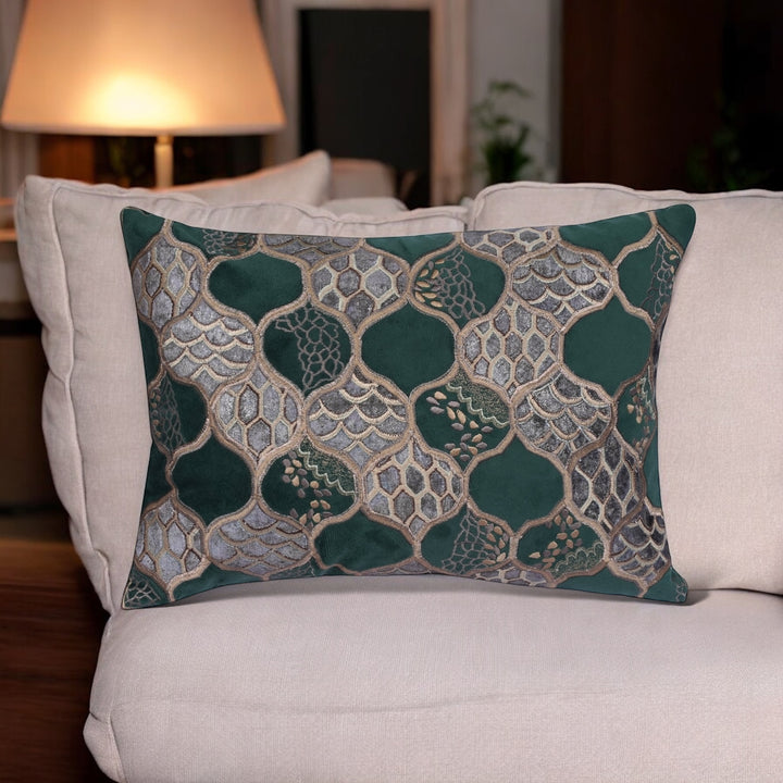 Flakegold Honeycomb Velvet Embroidered Cushion Cover (12 inch x 18 inch)