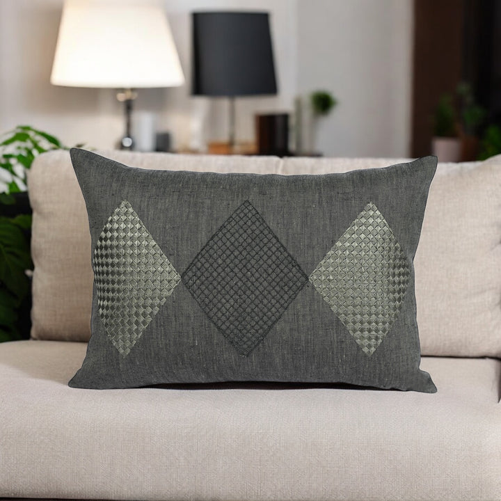 Verdure Green Geometric Embroidered Cushion Cover (12 inch x 18 inch)