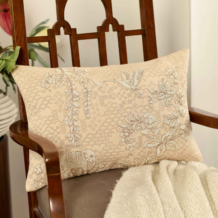 Bahaar Eden Beige Embroidered Cushion Cover (12 inch x 18 inch) - KHAABKA