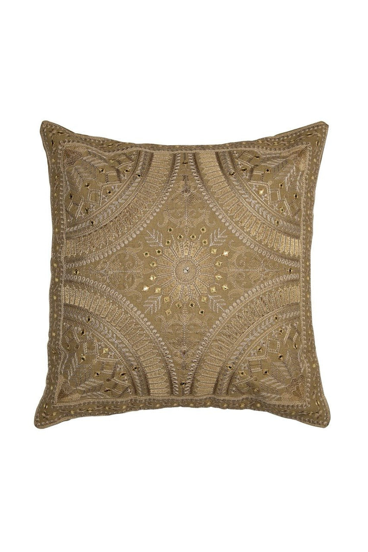 Banjara Brown Ornamental Mirror Embroidery Cotton Linen Cushion Cover - KHAABKA