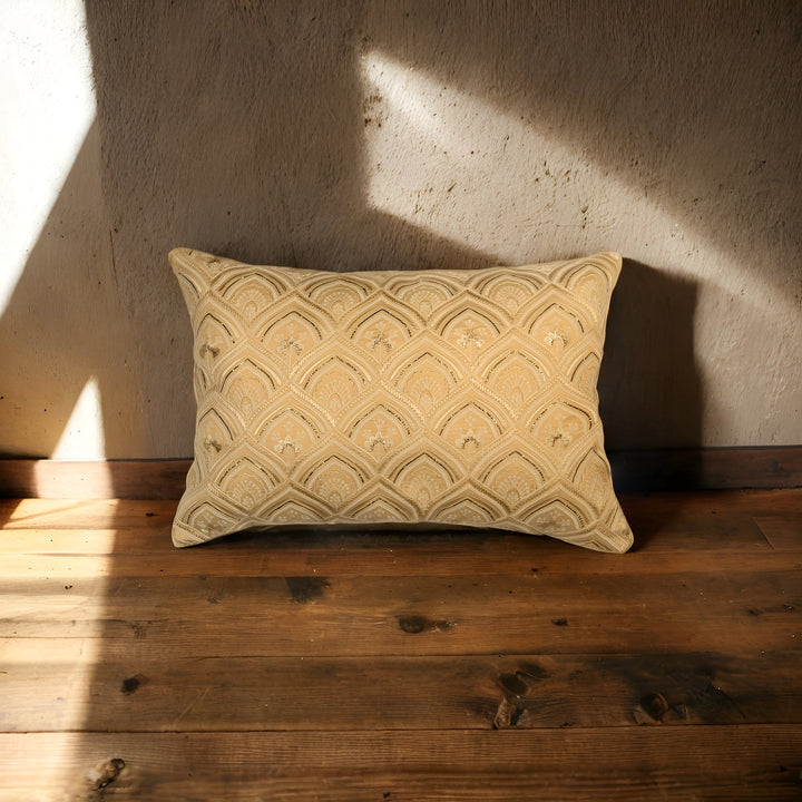 Banjara Gold Chanderi Silk Geometric Mosaic Embroidery Cushion Cover - KHAABKA