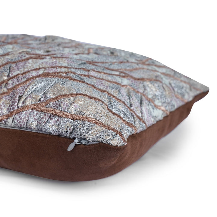 Chrysalis Grey Satin Embroidered Cushion Cover (16 inch x 16 inch) - KHAABKA