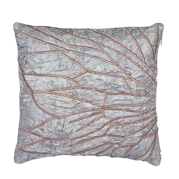 Chrysalis Grey Satin Embroidered Cushion Cover (16 inch x 16 inch) - KHAABKA