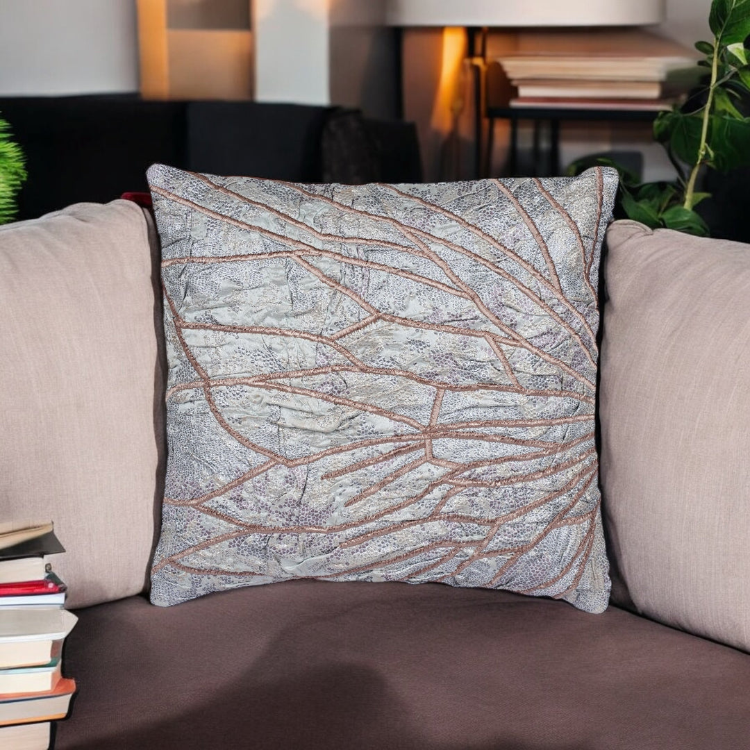 Chrysalis Grey Satin Embroidered Cushion Cover (16 inch x 16 inch) - KHAABKA