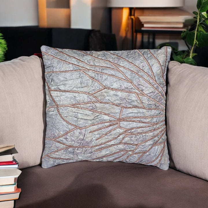 Chrysalis Grey Satin Embroidered Cushion Cover (16 inch x 16 inch) - KHAABKA