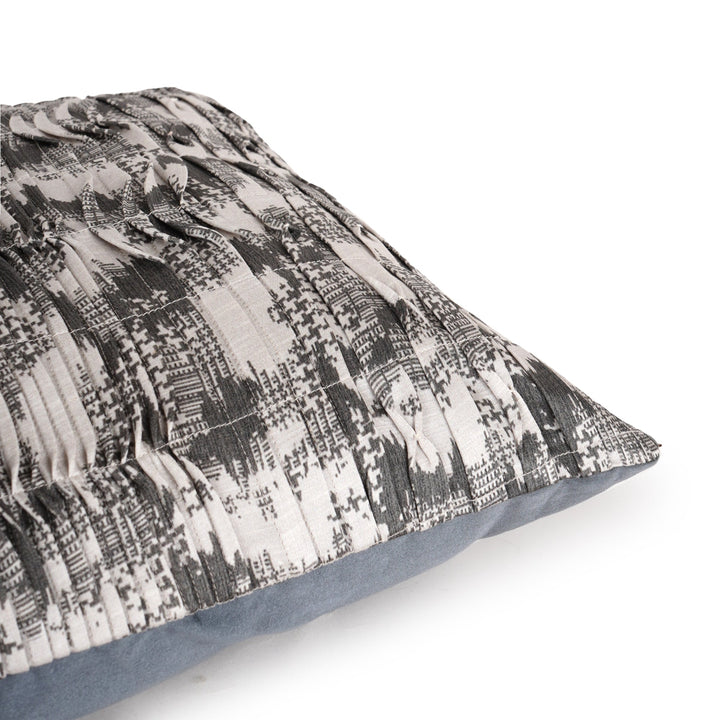 Cream Ash Printed Pintuck Embroidered Cushion Cover (16 inch x 16 inch) - KHAABKA