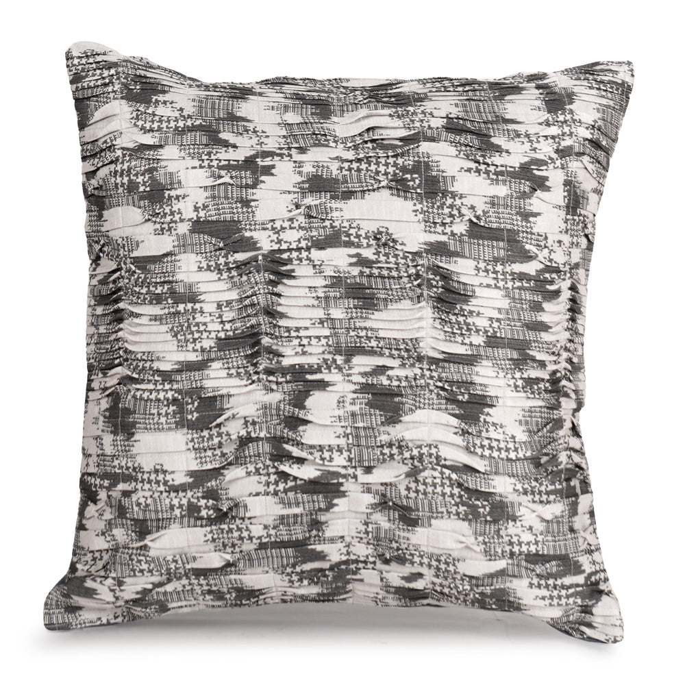 Cream Ash Printed Pintuck Embroidered Cushion Cover (16 inch x 16 inch) - KHAABKA