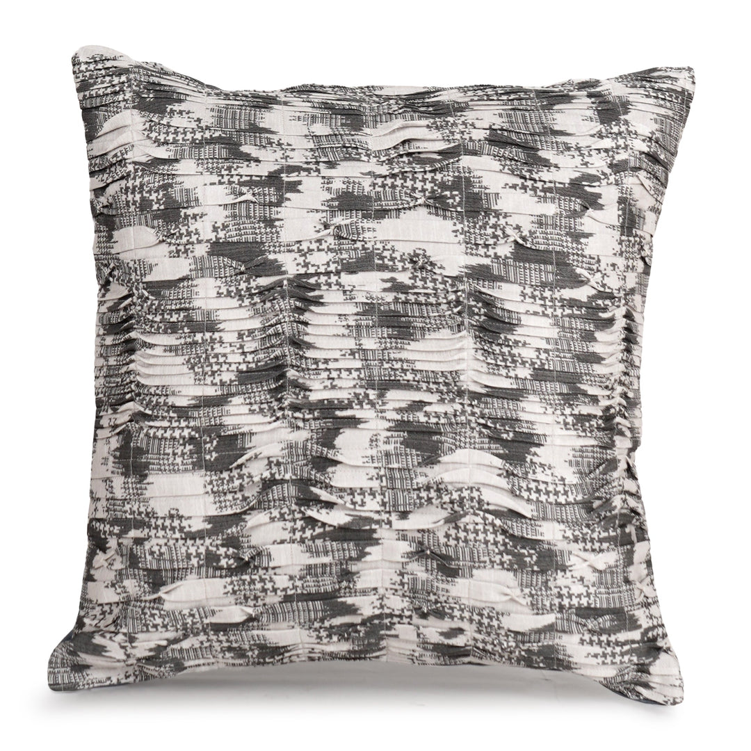 Cream Ash Printed Pintuck Embroidered Cushion Cover (16 inch x 16 inch) - KHAABKA