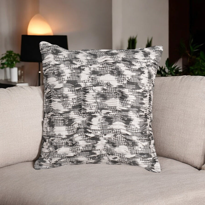 Cream Ash Printed Pintuck Embroidered Cushion Cover (16 inch x 16 inch) - KHAABKA