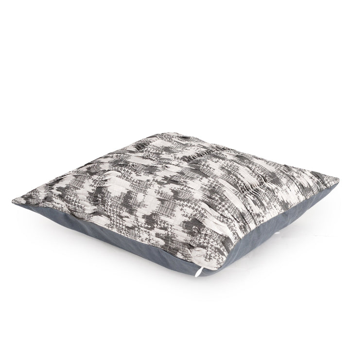Cream Ash Printed Pintuck Embroidered Cushion Cover (16 inch x 16 inch) - KHAABKA