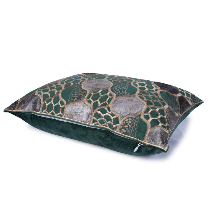 Flakegold Emerald Velvet Embroidered Cushion Cover (12 inch x 18 inch) - KHAABKA