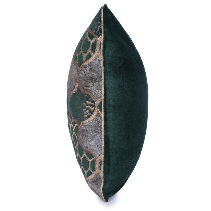 Flakegold Emerald Velvet Embroidered Cushion Cover (12 inch x 18 inch) - KHAABKA