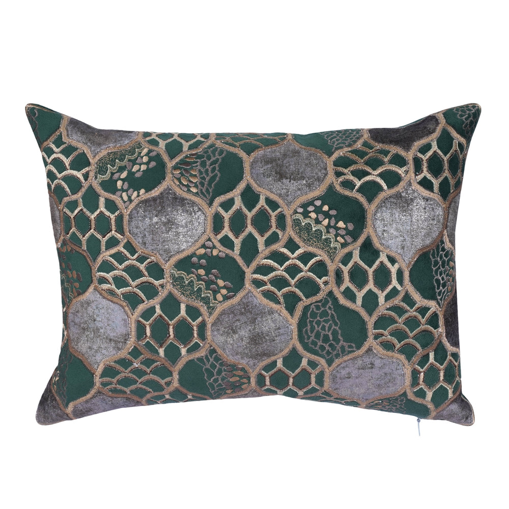 Flakegold Emerald Velvet Embroidered Cushion Cover (12 inch x 18 inch) - KHAABKA