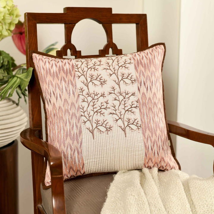 Fursat Ivory Orchard Embroidered Cushion Cover (16 inch x 16 inch) - KHAABKA