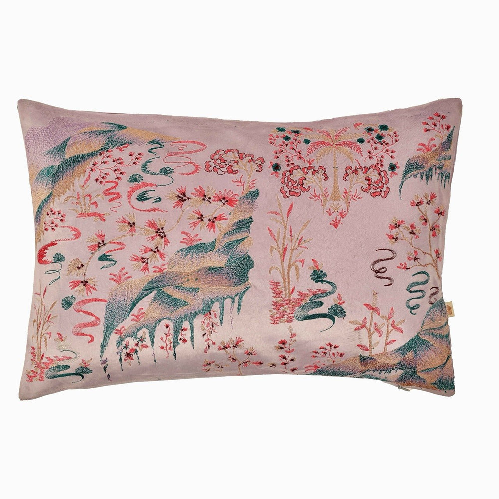Fursat Lavender Velvet Tranquil Embroidered Cushion Cover (12 inch x 18 inch) - KHAABKA