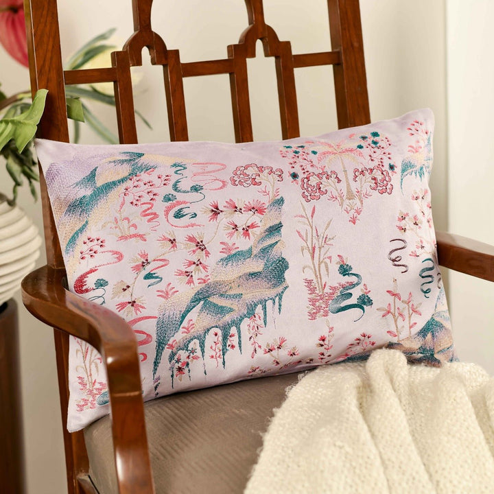 Fursat Lavender Velvet Tranquil Embroidered Cushion Cover (12 inch x 18 inch) - KHAABKA
