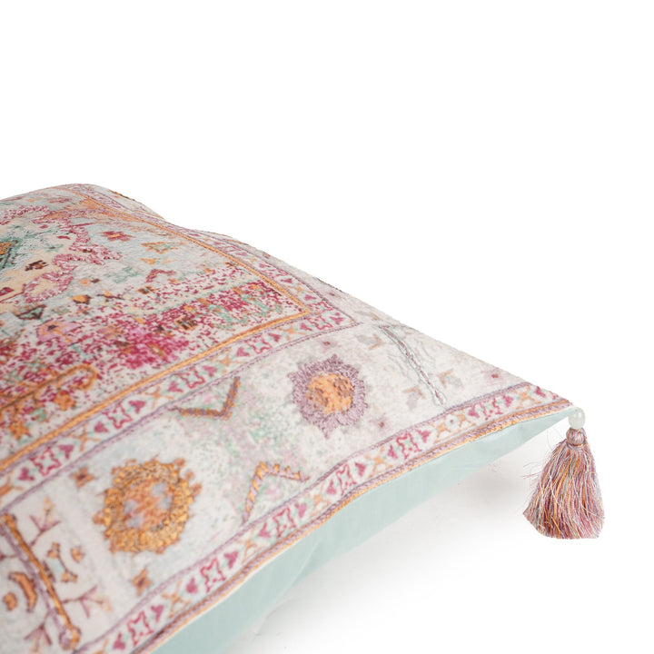 Ikat Illusion Chanderi Embroidered Cushion Cover (16 inch x 16 inch) - KHAABKA